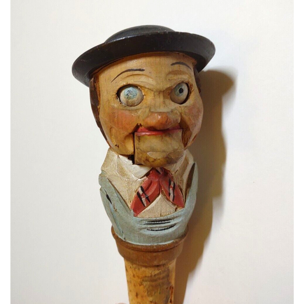 ANRI Blinking Eye Jaw Drop Bottle Stopper Wood Hand Carved Puppet Barware Cork